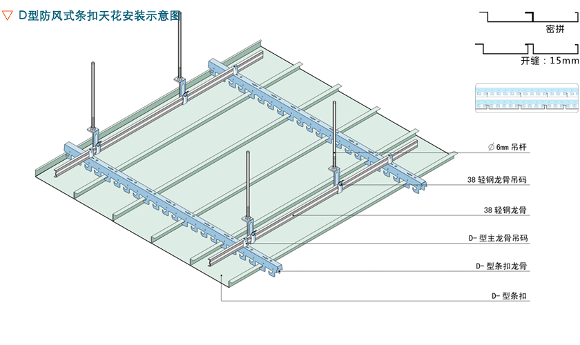 D型防风式条扣工程铝天花工装吊顶架构示意图